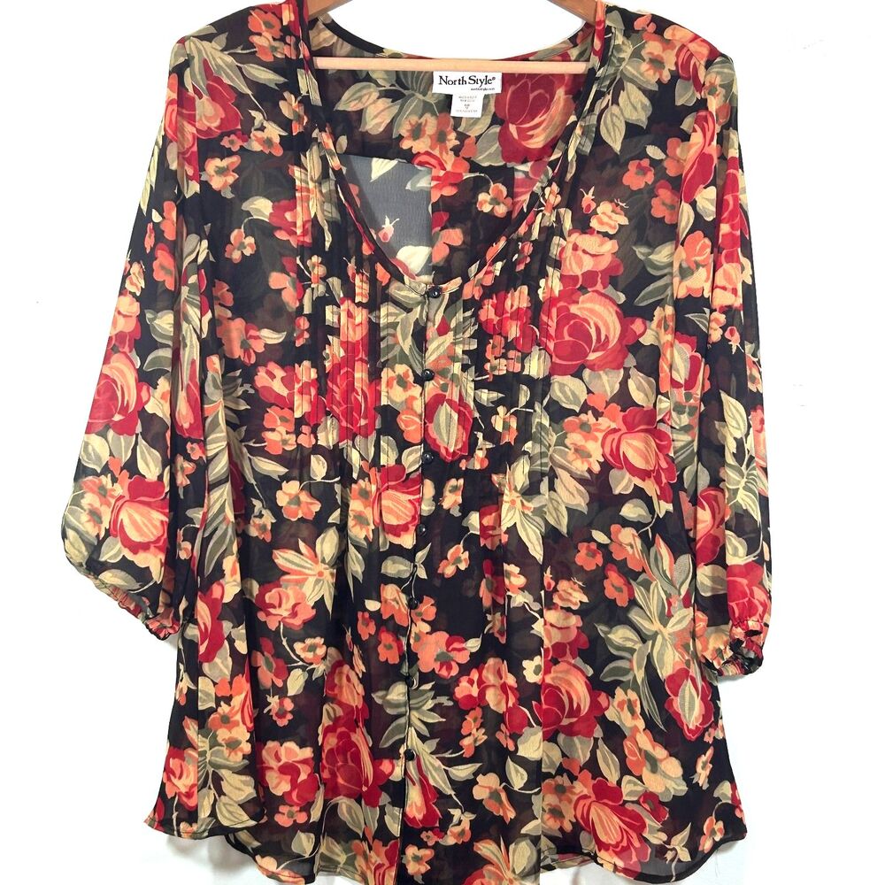 NorthStyle Sheer Cabbage Floral Pleated Top Sizes 1X Cottagecore Whimsigoth